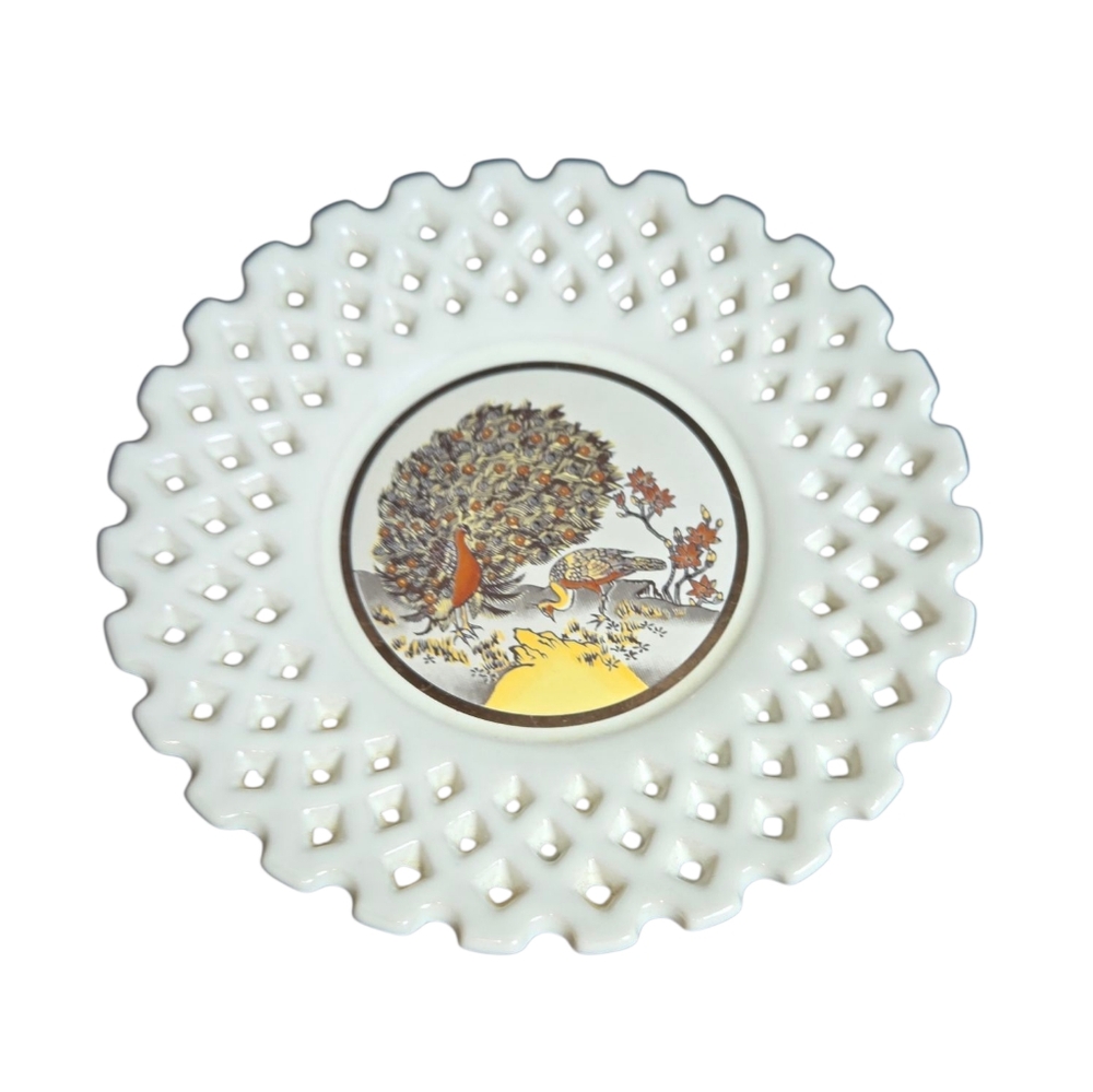 Imperial Lattice Edge Gold Peacock Vintage Japanese Decorative Plate 6"X6"X0.75"